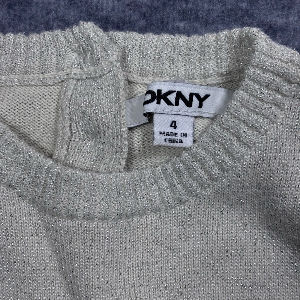 DKNY Girls Cream Tiered Knit Dress with Puff Sleeves - Picture 6 of 11